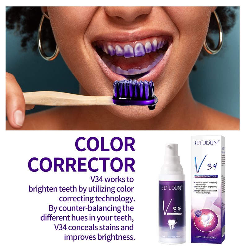 V34 Teeth Whitening, Colour Correction Toothpaste, Purple Toothpaste, Gum Removal,