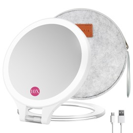 Magnifying Mirror with Light 10X/1X, Double Sided Travel Mirror with Light, Rechargeable Makeup Mirror with 3 Color Setting Adjustable Stand Lighted Mirror Vanity Portable Desk Cosmetic Mirror