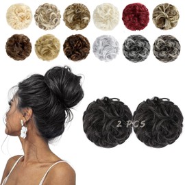 FeidyLong 2 PCS Messy Bun Hair Piece Wavy Curly Hair Bun Scrunchies Extensions Synthetic Chignon Thick Updo Hairpieces for Women Girls(Dark Brown mix White)