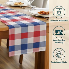 Red White and Blue Plaid Table Runner | Checkered Linen Fourth of July Table Decorations | Gingham Summer Home Party Dining Room Décor | Made in America - 14 x 90 Inches Long