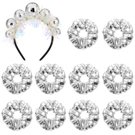 12 Pcs Disco Accessories Set Disco Hair Scrunchies Metallic Silver Hair Accessories Disco Metallic Sequin Hair Scrunchies Disco Silver Headband for70S 80s 90s Birthday Bridal Shower New Year