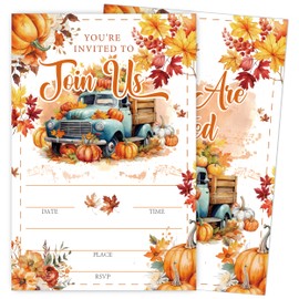 Fall Thanksgiving Invitations, Fall Pumpkin Truck Birthday Party Invitations for Boys Girls, 25 Pack Autumn Leaves Invites with Envelopes for Thanksgiving Wedding Birthday Baby Shower, 4"x6"-E04