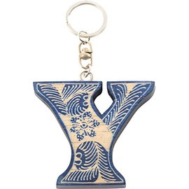 Toss Dice Keychain BLUE BATIK Wood Alphabet Key Ring Y TDXC003Y