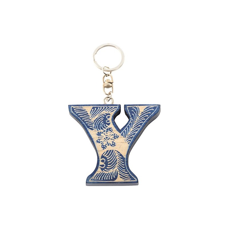 Toss Dice Keychain BLUE BATIK Wood Alphabet Key Ring Y