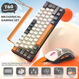 ZIYOU LANG RK-T60 Wired Mechanical Gaming Keyboard and Mouse Combo Mini Portable with Rainbow Backlit 62Key NKRO 6400DPI RGB Honeycomb Mice Coiled Aviator C Cable for PC/Win Gamer(Yellow/Brown Switch