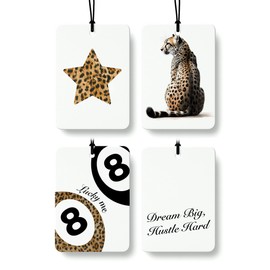 FISWAFY Trendy Retro Leopard Lucky 8 Ball Car Air Freshener 4 Pcs, Girly Cheetah Print Star Hanging Air Freshener for Cars Closet Drawer Books, Cute Girly Car Accessories Mirror Decor for Women