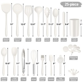 E-far Silicone Cooking Utensils Set, 25 Piece Kitchen Utensils with Holder, Non Toxic Kitchen Tools Spatula, Turner, Spoon, Ladle for Nonstick Cookware, Heat Resistant & Dishwasher Safe - White