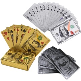 Carta Poker Blackjack Dólar 100 Plata Y Dorado Baraja Inglesa Elegante Ultra Fino Impermeable de Lujo Cubiertas Laminadas En Oro 24 Quilates Flexibles Alta Calidad Coleccionables (Plateado)