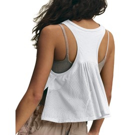 Majdan Women's Workout Tank Tops Athletic Racerback Mesh Sleeveless Crop Tops Gym Yoga Running Shirts (White-M)