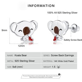 Koala Hypoallergenic Screw Back Earrings for Girls,925 Sterling Silver Stud Earrings Jewelry Gifts for Girls Teens Women Daughter