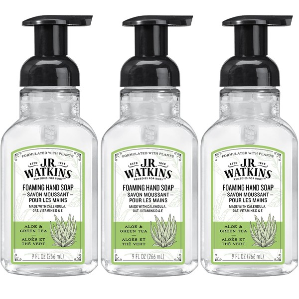 J.R. Watkins Foaming Hand Soap with Pump Dispenser, Moisturizing Foam Hand Wash, All Natural, Alcohol-Free, Cruelty-Free, USA Made, Aloe Green Tea, 9 fl oz, 3 Pack