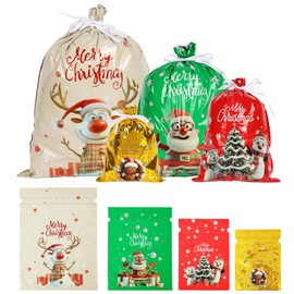 EDWENE Christmas Drawstring Gift Bags, 32 Pieces Christmas Gift Packaging Bags, Large Christmas Gift Bags with Drawstring for Christmas Gifts Party Favors