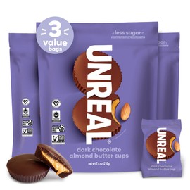 UNREAL Dark Chocolate Almond Butter Cups | 5g Sugar | Certified Vegan, Gluten Free, Fair Trade, Non-GMO | No Sugar Alcohols or Soy | Value Size, 7.4oz (Pack of 3)