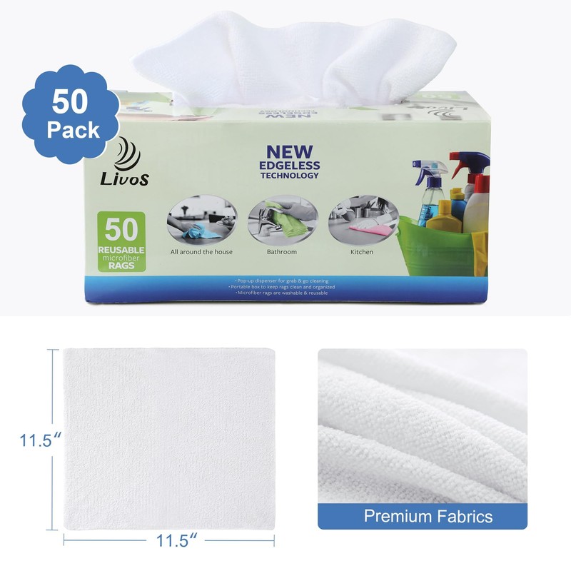 LIVOS 50 Pack Microfiber Cleaning Cloth in Box, Reusable Cleaning