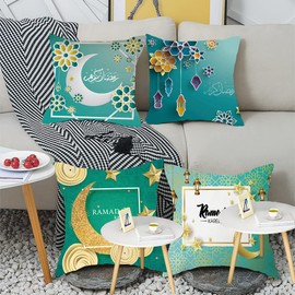 HHOCN 4 Pieces Green Moon Star Pillow Covers Square Green Moon Star Throw Pillow Cases Sofa Bed Couch Throw Cushion Cover Decoration (18" x 18")