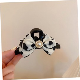 Mikinona Fashion Bow Hair Claw Clip Cow Pattern Pearl Teeth Clamp Women's Hair Clip