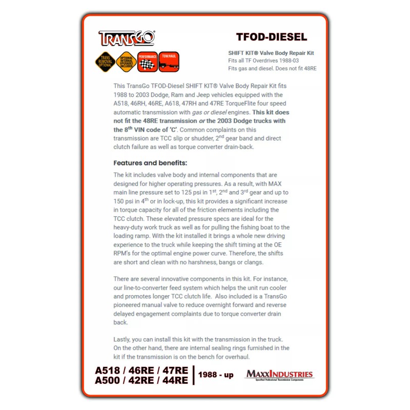 Transgo SK TFOD-DIESEL Dodge Ram Truck 46RE 47RE Performance Shift