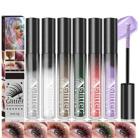 Baorder 6PCS Glitter Mascara Green Gold Pink Colored for Eyelashes,Voluminous Lengthening Long Lasting Waterproof Diamond Sparkle Mascara,Party Wedding Music Festival Eyes Makeup