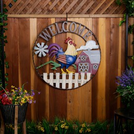 Alpine Corporation SCC578L Large Round Rooster and Farm Welcome Wall Decor, Sign for Entryway & Walkway, 30" H, Multicolor