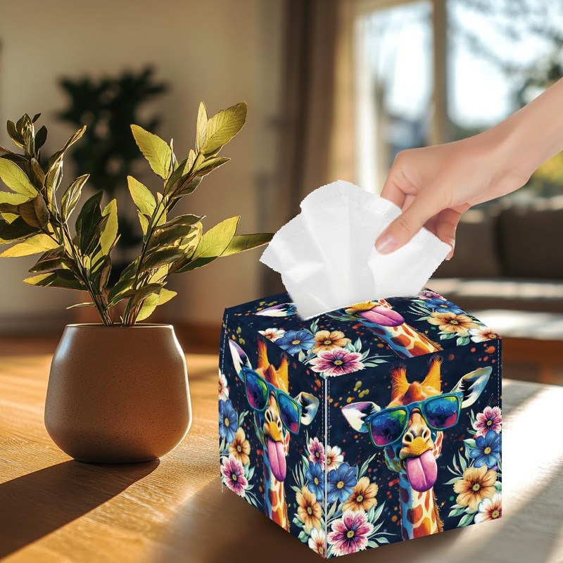 DELORIGIN Giraffe Tissue Box Holder, Square Tissue Box Cover Foldable
