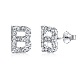 TIZU Initial B Stud Earrings for Girls Hypoallergenic S925 Sterling Silver Post White Gold Plated Alphabet Letter Earrings for Women kids Gifts