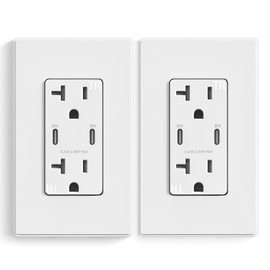 ELEGRP USB Outlet Receptacle, 30W Fast Charge & Power Delivery USB C Wall Outlet, 20 Amp Wall Outlet with USB C Ports, Tamper Resistant, UL Listed, Wall Plate Included, 2 Pack, Matte White