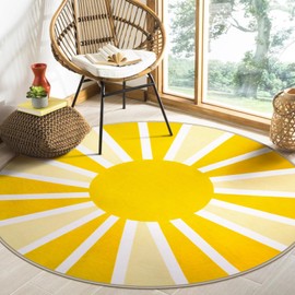 Lahome Washable Round Rug - 6Ft Round Area Rug for Living Room Low-Pile Soft Round Nursery Rug Non-Slip Large Round Dining Room Rug, Boho Rainbow Sun Print Circle Rugs for Bedroom (6'x6', Yellow)