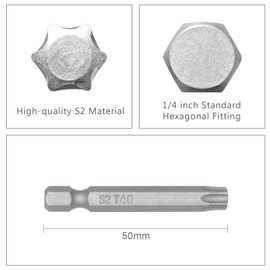DAKCOS 10-Piece T40 Torx Bit Set, Premium S2 Alloy Steel 2-inch Long Screwdriver Insert Bits Hex Shank with Quick Release Slot
