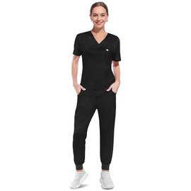UnionMed Tech Scrubs for Women Set, V-Neck Scrub Top & Joggers Pants Sets, Slim Quick-dry Anti Wrinkle Yoga Waistband