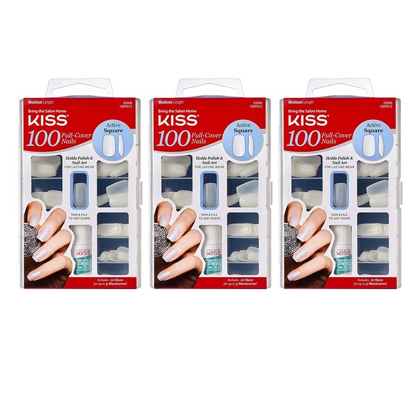 KISS 100 Acrylic Plain Full-Cover Nails (3 PACK, Active Square)