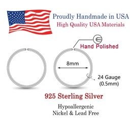Small Gold or Sterling Silver Huggie Hoop Earrings for Women Girls Cartilage Nose Helix Tragus (Silver, 8mm 24 gauge / 1 pair)