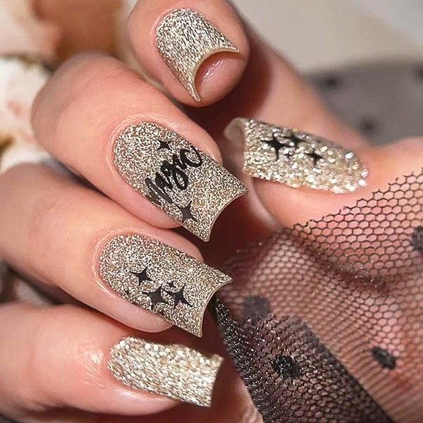 Lomxene Square Press on Nails Medium Fake Nails Gold Glue