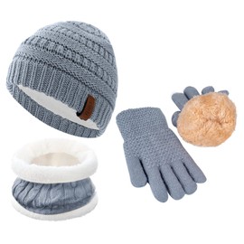 Girls Winter Hat, Scarf, Gloves Set - Kids Beanie Hat, Infinity Scarf, Knitted Gloves - Thick Warm Fleece Lined Thermal Set for 6-10 Years Old Boy, Baby, Toddler, Children