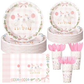 Havawish 175pcs One Silly Goose Birthday Party Tableware Set for 25 Guest Girl Pink Bow One Silly Goose Birthday Decor Baby Shower Plate Cup Napkin Fork Knife Spoon for 1st Birthday Party Decoration