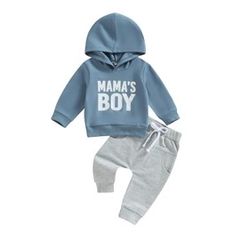 Ursobutegl Mamas Boy Clothes Toddler Baby Fall Winter Hoodies Outfit Letter Sweatshirt Top Jogger Pants Casual Tracksuit (Blue, 0-6 Months)