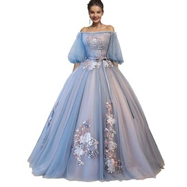 NGBUY Women's Tulle Blue Ball Gown Off The Shoulder Quinceanera Dress Prom Dress Sweet 16 US16