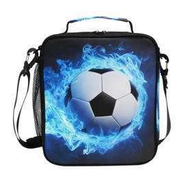 WEVIBOFU Blue Soccer Flame Football Fire Lunch Box for Girls Boys Insulated Lunch Bag with Adjustable Shoulder Strap Kids Thermal Tote Bags Cooler School Travel Picnic