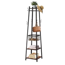 VECELO Coat Rack Freestanding,Hall Tree with Metal Basket and Storage Shelves,Industrial Coat Stand with 8 Hooks for Hanging Coats/Hats/Bags/Umbrellas,18 x 18 x 72 In,Antique Brown
