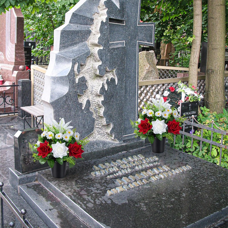Kukooka Artificial Grave Flowers in Pots, Artificial Rose Lily Daisy