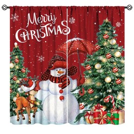 Christmas Snowman Curtains, Winter Vintage Snowman Deer Xmas Tree Snowflake Print Window Treatments for Kids Bedroom Holiday Decor, 42" W X 45" L, Decor