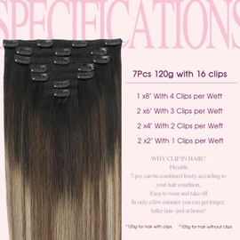 PINKPEARL Clip in Hair Extensions Real Human Hair #1B/4/27 Balayage Natural Black to Chocolate Brown and Caramel Blonde Clip in Hair 7pcs 120g 14inch Human Hair Extensios Clip ins(#1B/4/27-14)