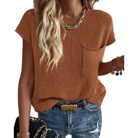KIRUNDO Short Sleeve Sweater for Women 2025 Casual Sweater Vest Cotton Knit Pullover Tank Tops Trendy Spring Summer Outfits(Rust, X-Large)