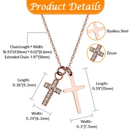 JewelryWe Women Double Cross Necklace: Ladies Elegant Stainless Steel Faith Adjustable Chain Sparkling Rosegold Zircon Necklace