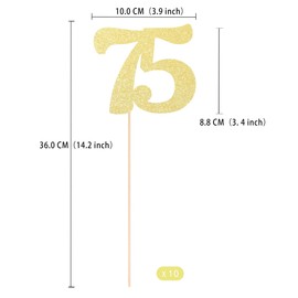 Gexolenu NO 75, 10 Pack Double-Sided Gold Glitter 75th Birthday Centerpieces for Tables, Number 75 Birthday Table Toppers Party Centerpiece Sticks Wedding Anniversary Party Supplies