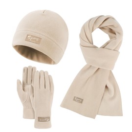 GIBZ Unisex Winter Beanie Hat Scarf Gloves Set, Warm & Soft Fleece Lined Skull Cap, 3 Pcs Touchscreen Gloves Sets, Beige
