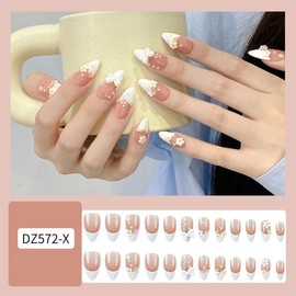French Tip Press on Nails with 3D Flower Bow Acrylic Fake Nails Reusable Artificial on Nails Glossy Nail Art Tips Full Cover Stick on Nails for Women and Girls Salon Nail Decoration 24Pcs