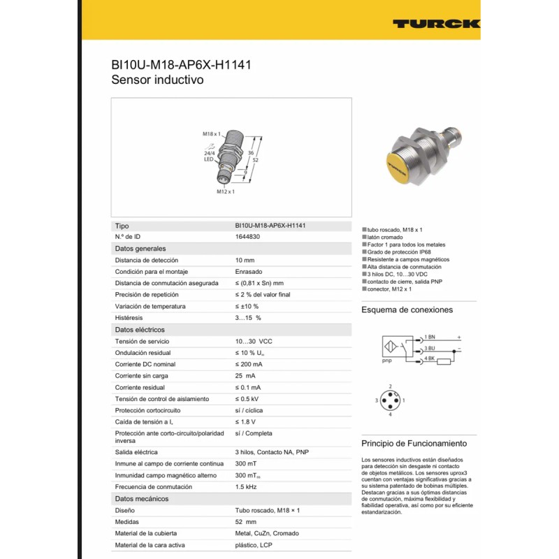 Sensor Inductivo M18 Turck Bi5-m18-ap6x-h1141 Mod.4614708