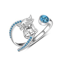 Peireara Highland Cow Ring for Women 925 Sterling Silver Adjustable Cow Rings Birthstone Jewelry Gifts for Women Mom (December)