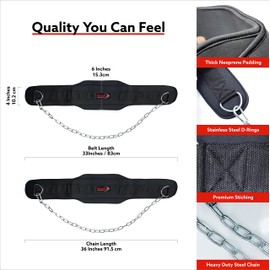 Dip Belt Weight Lifting Dipping Belt Body Building Dip Chain Pull Ups Gym Belt Training Powerlifting Workout 6” Padded Neoprene 30” Adjustable Steel Chain Back Support Lifting Belt for Men and Women