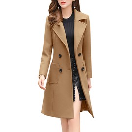 chouyatou Women Elegant Notched Collar Double Breasted Wool Blend Over Coat (Small, Camel)